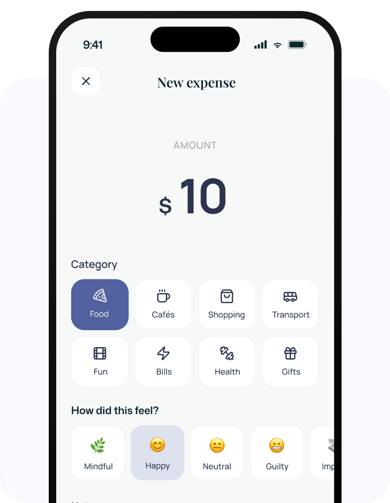 Mobile app screen showing mood and spending tracking